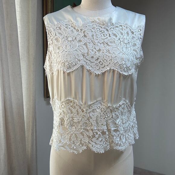 Dominique Tops - Silk Lace Blouse Vintage 90s Sleeveless Romantic Bridal Victorian Top M